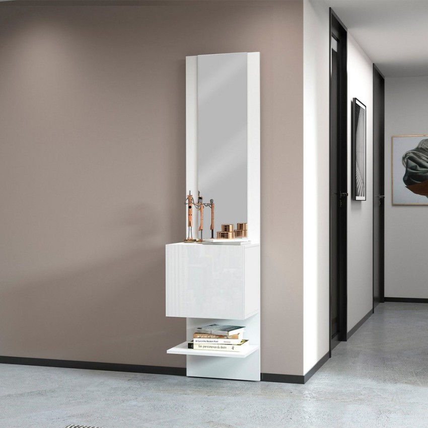 Schuhschrank für die Eingangswand in Hochglanz Weiß mit Regal und 1 Spiegeltür Karin Aktion Schuhschrank für die Eingangswand in Hochglanz Weiß mit Regal und 1 Spiegeltür Karin Aktion