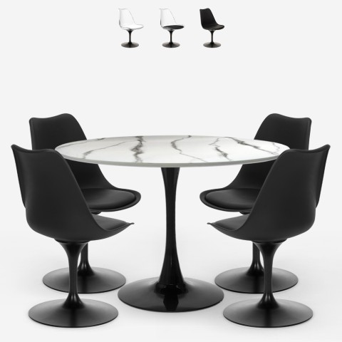 Set 4 Stühle Tulipan weiß schwarz runder Tisch 120cm Marmoreffekt Lapis+ Aktion