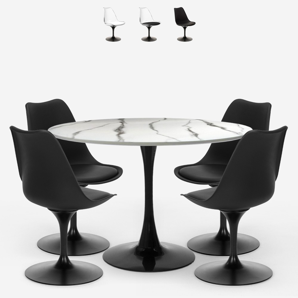 Set 4 Stühle Tulipan weiß schwarz runder Tisch 120cm Marmoreffekt Lapis+