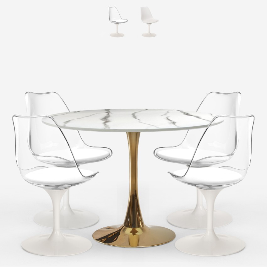 Set 4 Tulipan Stühle weißer, runder Tisch mit goldener Marmoreffekt-Oberfläche, 120cm Durchmesser Saidu+ Verkauf