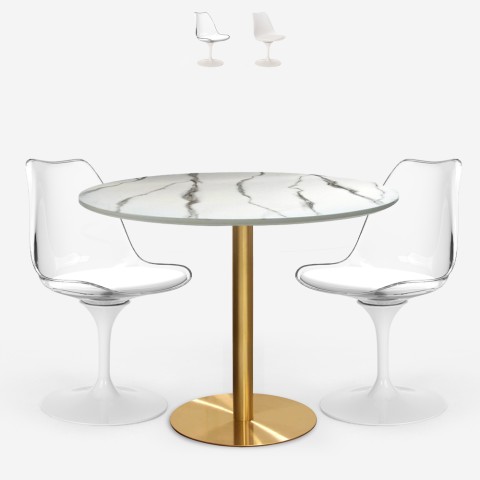 Set runder Tisch 80cm Tulipan Marmor 2 durchsichtige weiße Stühle Vixan Aktion