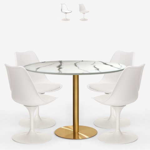 Set Tisch Tulipan weiß marmor Effekt 120cm vergoldet 4 Stühle Vixan+ Aktion