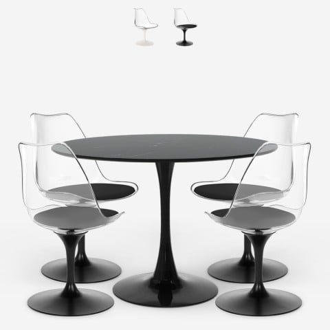 Set 4 Tulipan Stühle runder Tisch 120 cm weiß schwarz Marmoreffekt Liwat+ Aktion