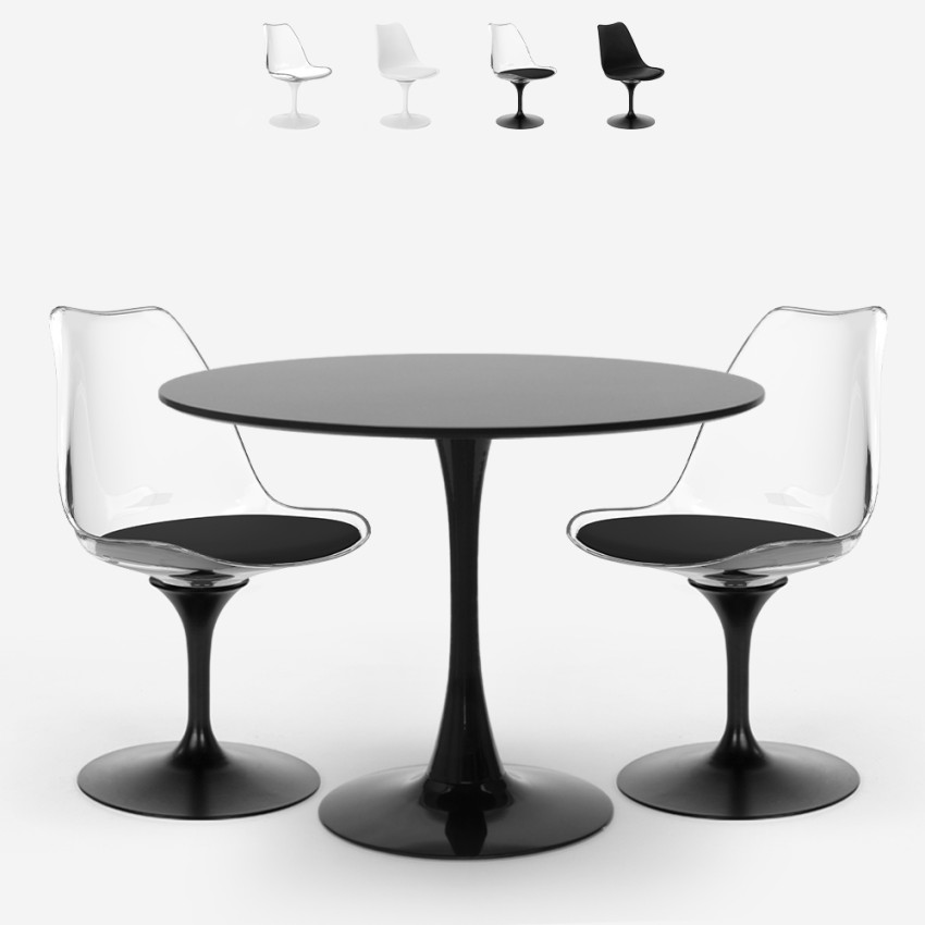 Set 2 Stühle aus weißem und schwarzem Polycarbonat mit rundem Tulpen-Tisch 80cm Raxos Verkauf