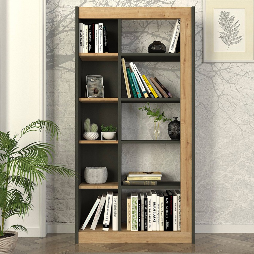 Modernes Bücherregal mit 10 anthrazitschwarzen Holzregalen 75x25x150cm Kevork