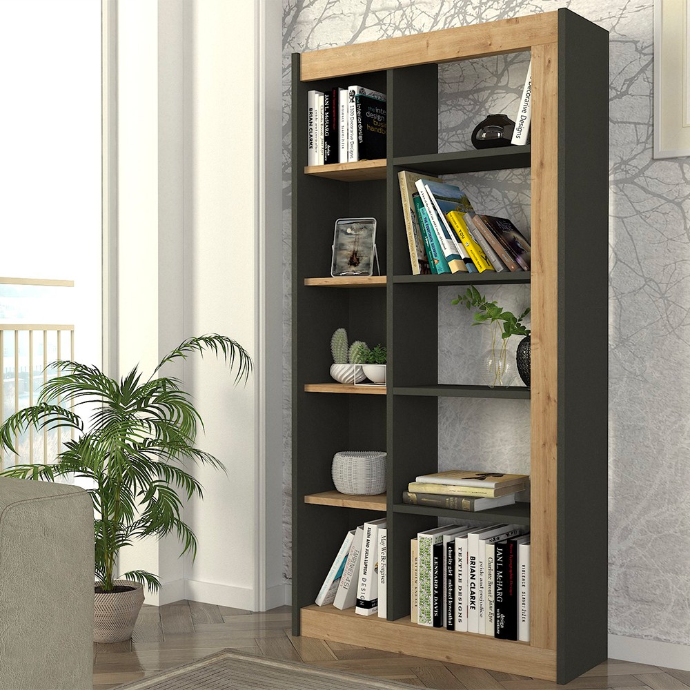 Modernes Bücherregal 10 Fachböden Holz schwarz anthrazit 75x25x150cm Kevork