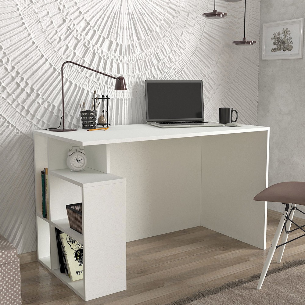 Moderner weißer Schreibtisch fürs Büro oder zum Lernen mit Regalen 120x60x74cm Labran