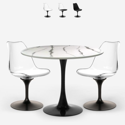 Set Tisch rund 80cm Tulipan marmor Effekt 2 Stühle weiß schwarz Lapis Aktion