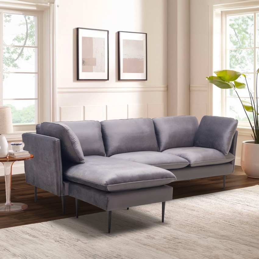  Sortes: 3-Sitzer-Ecksofa aus grauem Samt mit schwarzen Füßen

