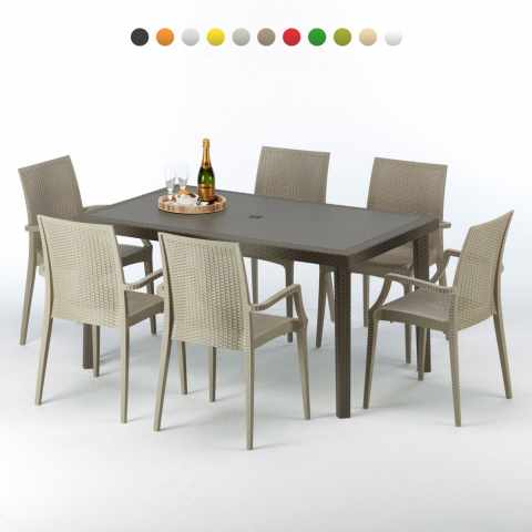 Polyrattan Tisch Rechteckig mit 6 Bunten Stühlen 150x90 Braun Focus Aktion