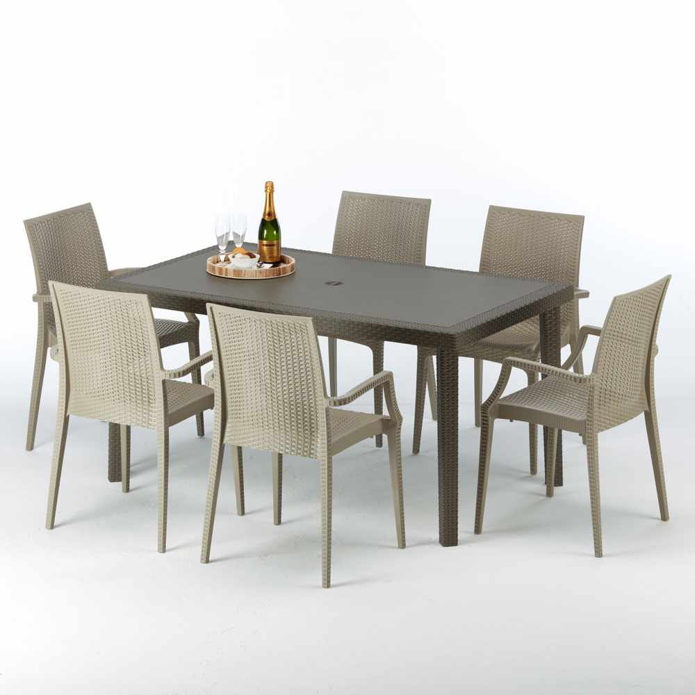Polyrattan Tisch Rechteckig Mit 6 Bunten Stühlen für Bars 150x90 Braun Focus
