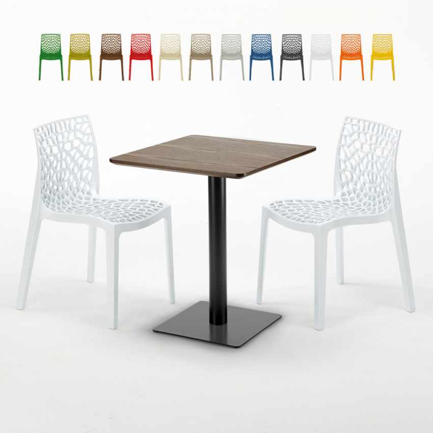 Quadratisch Tisch Holzeffekt und Schwarz Stahlfuß 60x60 cm mit 2 Bunten Stühlen Gruvyer Kiss Rabatte