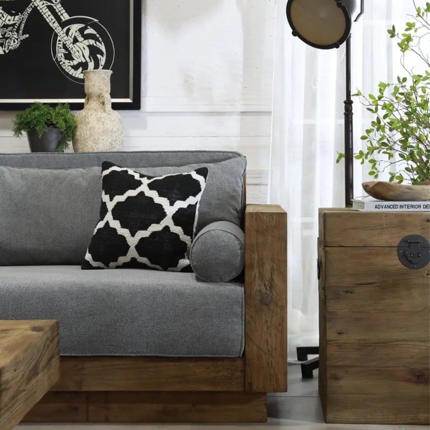 Morgan 3-Sitzer Sofa Holz Rustikal Mit Kissen Stoff Grau 