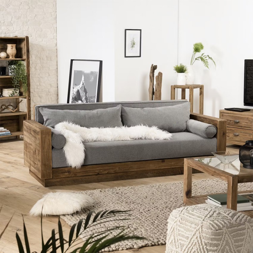  Morgan: 3 Sitzer Sofa Holz Mit Kissen Stoff Grau 