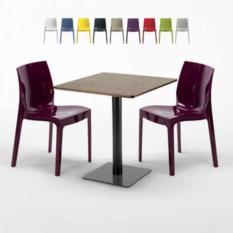 Quadratisch Tisch Holzeffekt und Schwarz Stahlfuß 60x60 cm mit 2 Bunten Stühlen Ice Kiss Aktion