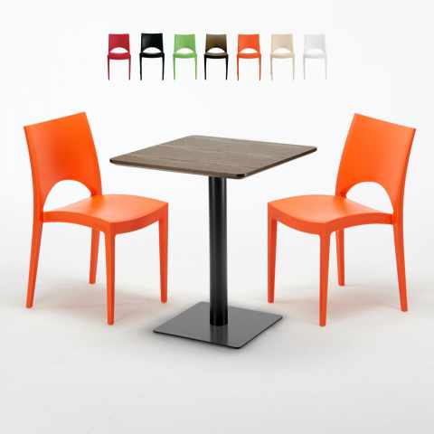 Quadratisch Tisch Holzeffekt und Schwarz Stahlfuß 60x60 cm mit 2 Bunten Stühlen Paris Kiss