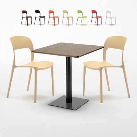 Quadratisch Tisch Holzeffekt und Schwarz Stahlfuß 60x60 cm mit 2 Bunten Stühlen Restaurant Kiss