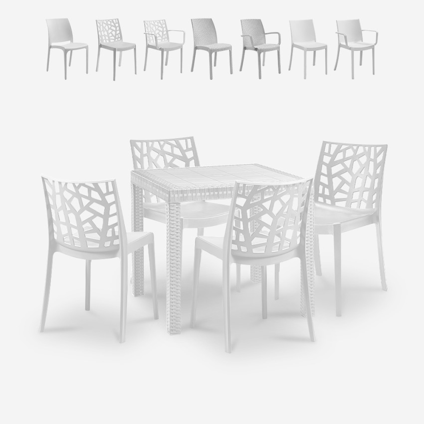 Set Garten-Tisch Außenbereich 80x80cm Rattan 4 Stühle Weiß Nisida Light Rabatte Set Garten-Tisch Außenbereich 80x80cm Rattan 4 Stühle Weiß Nisida Light Rabatte