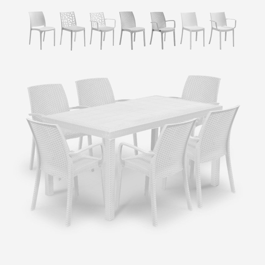 Tischset für Garten im Freien Rattan 150x90cm 6 Stühle Weiß Meloria Light Rabatte Tischset für Garten im Freien Rattan 150x90cm 6 Stühle Weiß Meloria Light Rabatte