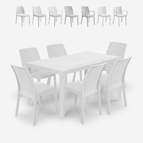 Tischset für Garten im Freien Rattan 150x90cm 6 Stühle Weiß Meloria Light Aktion