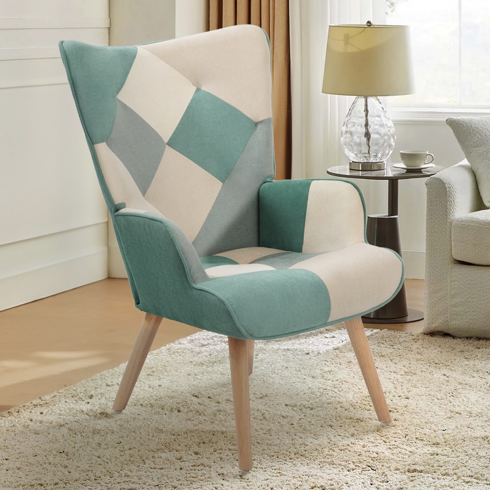 Skandinavischer Loungesessel im Patchwork-Stil weißes Holz blau Chapty