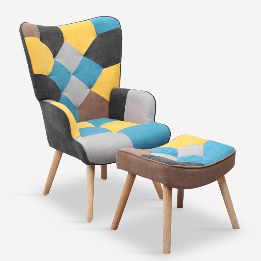 Set Patchwork Sessel + Pouf Fußstütze skandinavischer Stil Chapty Plus
