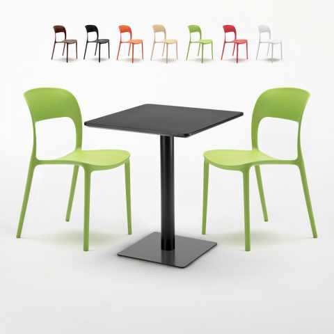 Schwarz Tisch Quadratisch 60x60 cm mit 2 Bunten Stühlen Restaurant Licorice Aktion