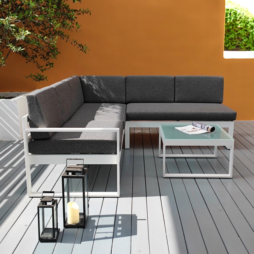 Jamila: Gartenlounge Set Sofa für den Außenbereich Eckig plus Couchtisch Glas