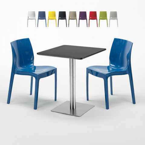 Schwarz Tisch Quadratisch 60x60 mit Stahlfuß 2 Bunten Stühlen Ice Pistachio