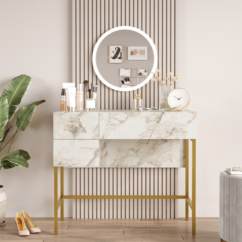Schminktisch Spiegel 3 Schubladen Marmor weiß goldene Beine Helier