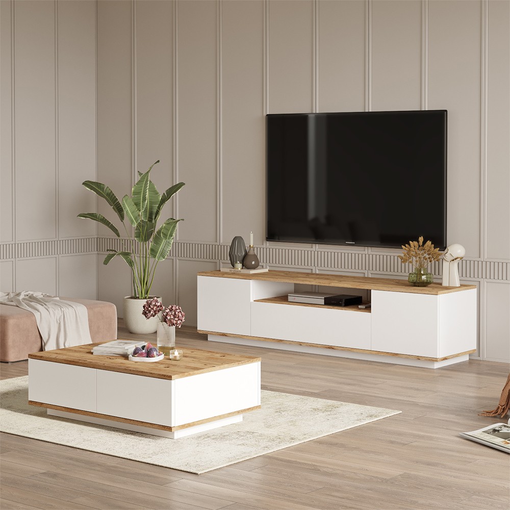 TV-Schrank Set 3 Türen + niedriger Tisch weißes Holz modernes Design Award