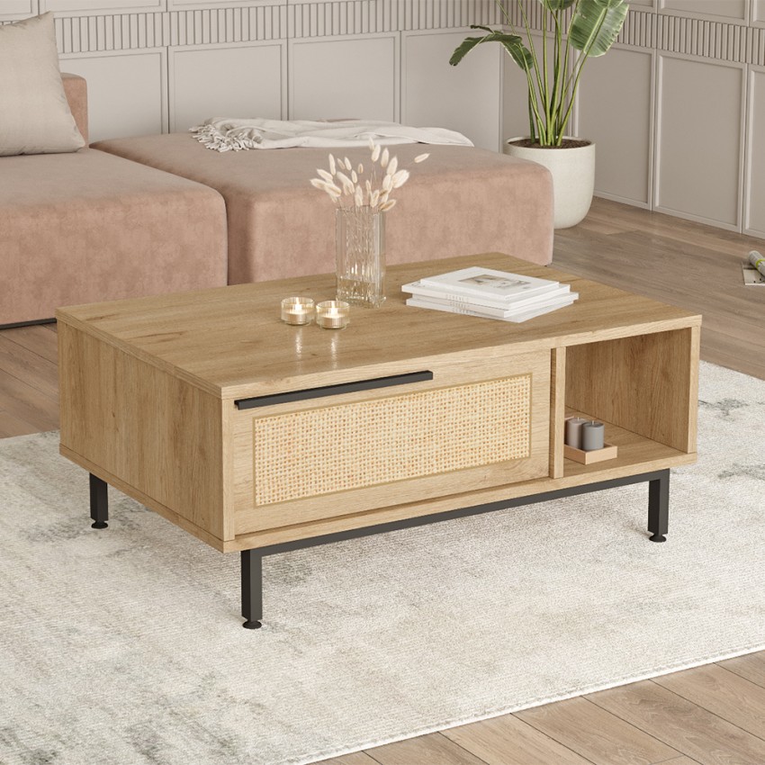  Micheau: Couchtisch Wohnzimmer 90x60cm Holz Tür Rattan-Effekt 