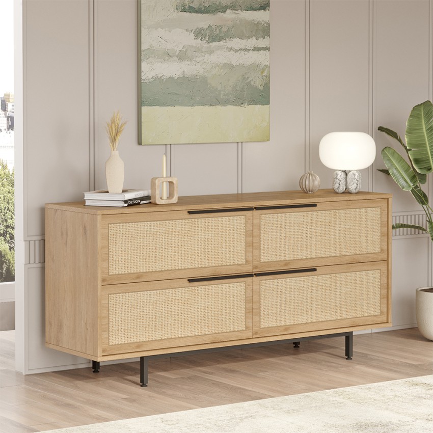 Anrichte Sideboard Wohn- und Esszimmer Küche aus Holz mit 4 Türen in Rattan-Optik Dhunnan