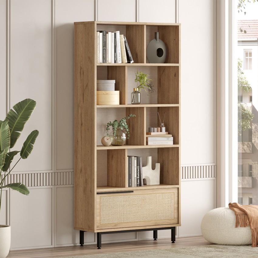  Ravel: Bücherregal aus Holz mit 8 drehbaren Regalen in Rattanoptik