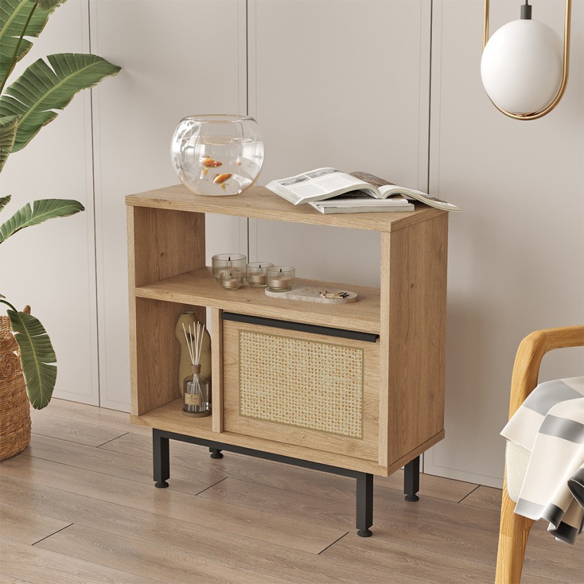 Wohnzimmer Schrank 60x26x60cm Holz 2 Regale Tür Rattan-Effekt Opoli