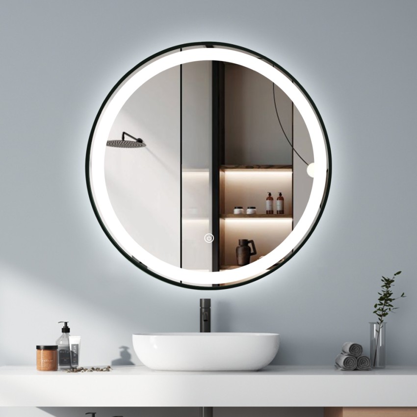 Badezimmer Spiegel Design rund 70cm beleuchtet Rahmen Smidmur L