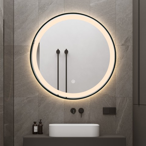Badezimmerspiegel LED rund 80cm beleuchtet mit Schwarzem Rahmen Smidmur XL Aktion