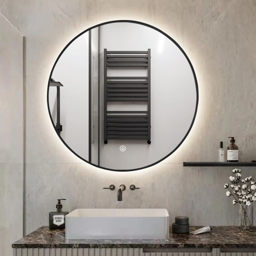 Badezimmerspiegel LED rund 80 cm beleuchteter Rahmen Laugarv XL Aktion Badezimmerspiegel LED rund 80 cm beleuchteter Rahmen Laugarv XL Aktion