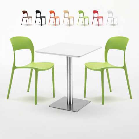 Tisch Quadratisch Weiß Tischplatte 60x60 mit 2 Bunten Stühlen Restaurant Hazelnut