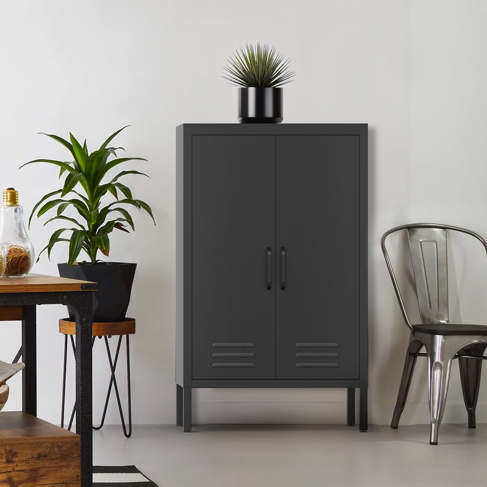 Büroschrank schwarz Metall 2 Türen industriell 65x36x105cm Colima