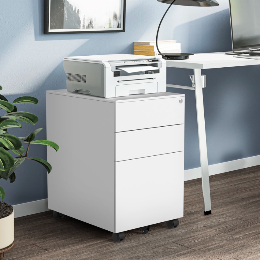  Rolly: Büro-Schubladenschrank Schreibtisch Dokumentenhalter weiss Räder Schloss 