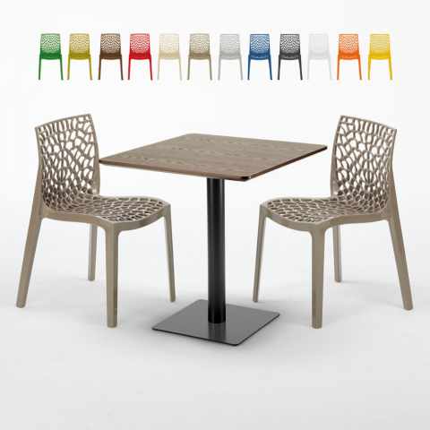 Quadratisch Tisch Holzeffekt 70x70 cm mit 2 Bunten Stühlen Gruvyer Melon Aktion