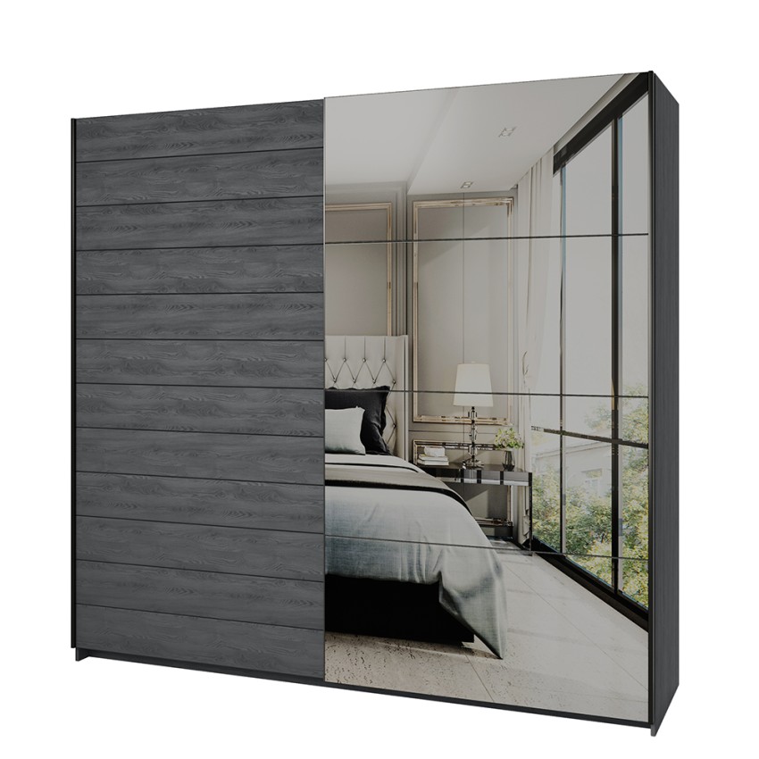 Kleiderschrank Schiebetüren Spiegel 220x61x210 Eiche dunkel Wamin Aktion