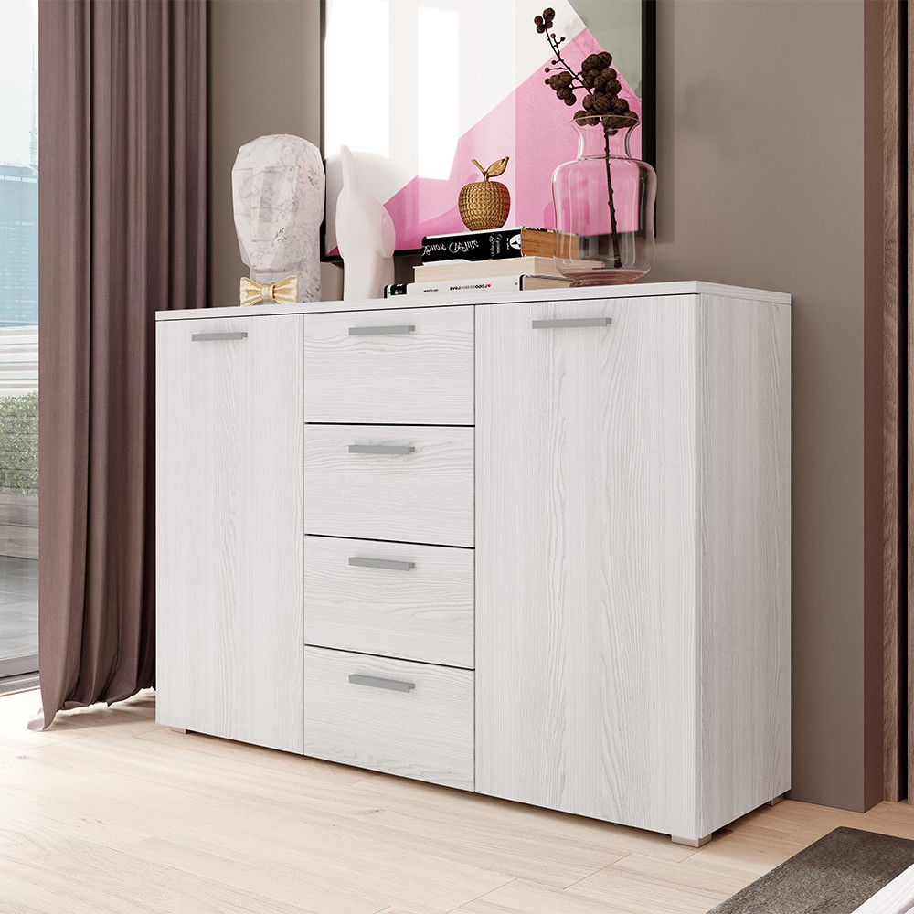 Schlafzimmer Kommode 4 Schubladen 2 Türen Holz weiß 132x38x93cm Lemere