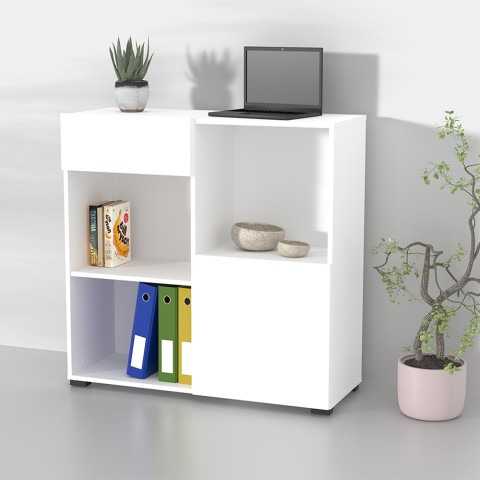 Büro Bücherregal niedrige Schublade Tür 2 Einlegeböden weiß 90x35x89cm Habren Aktion