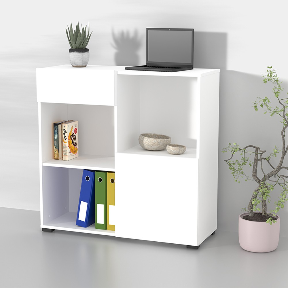 Büro Bücherregal niedrige Schublade Tür 2 Einlegeböden weiß 90x35x89cm Habren