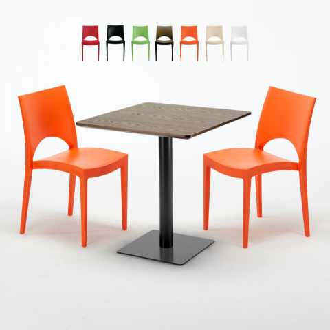 Quadratisch Tisch Holzeffekt 70x70 cm mit 2 Bunten Stühlen Paris Melon Aktion