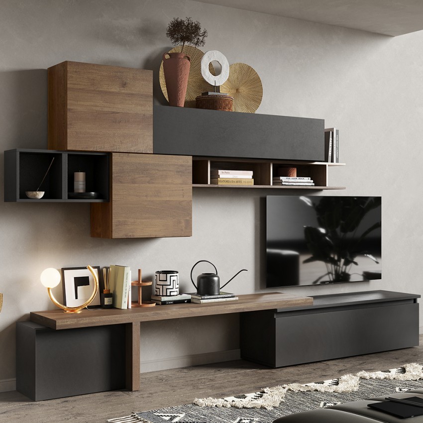Moderne Wohnwand TV mit Hängeregal Möbel Infinity 28 Aktion Moderne Wohnwand TV mit Hängeregal Möbel Infinity 28 Aktion