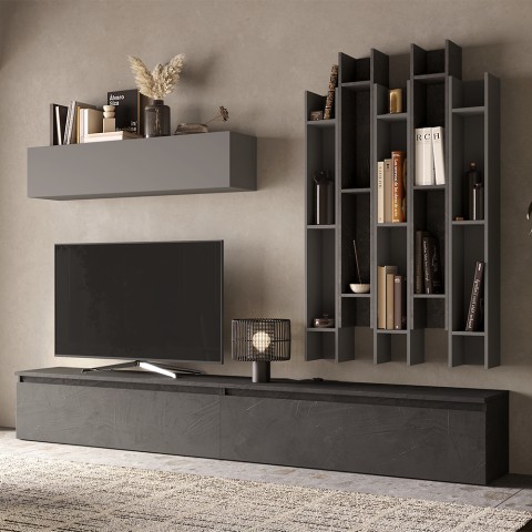 Moderne graue Wohnwand mit Bücherregal und schwarzem TV-Schrank Infinity 30 Aktion