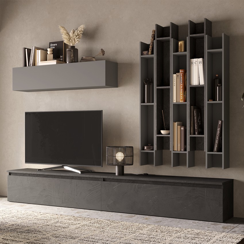 Moderne graue Wohnwand mit Bücherregal und schwarzem TV-Schrank Infinity 30 Aktion